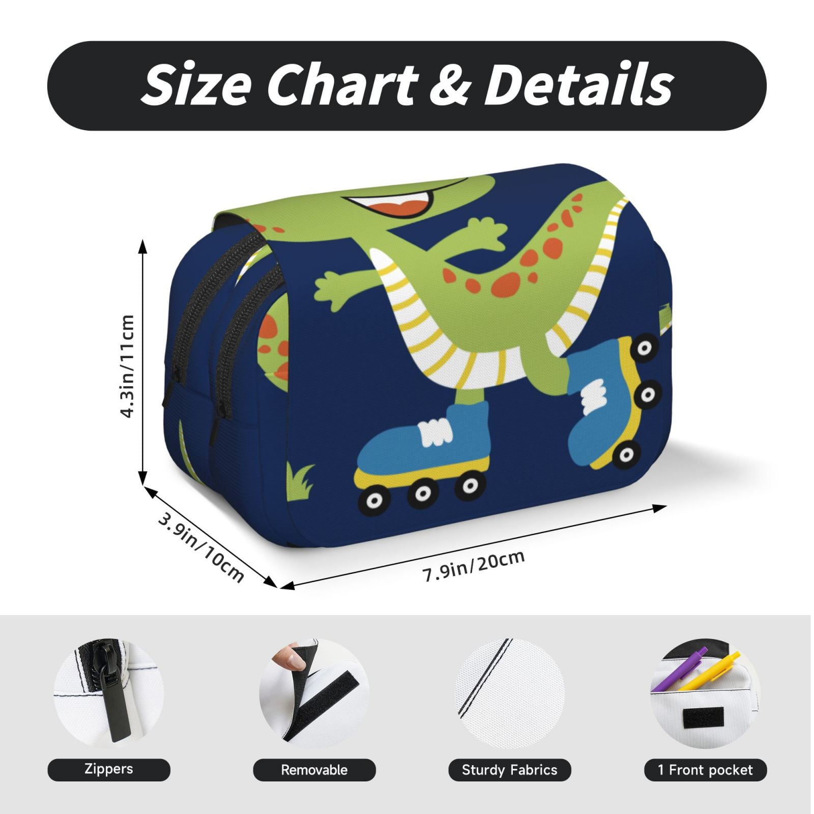 Rateoe Dino Playing Roller Skate Pattern Double Clamshell Pen Case, Storage Organizer with Two Zipper Compartments– Holds Up to 50 Pencils & Pens
