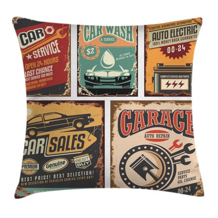 Vintage Decor Throw Pillow Cushion Cover, Nostalgic Art Auto Service Garage Funk Style Highway Logo Repair Road Grunge Decor, Decorative Square Accent Pillow Case, 24 X 24 Inches, Multi, by Ambesonne
