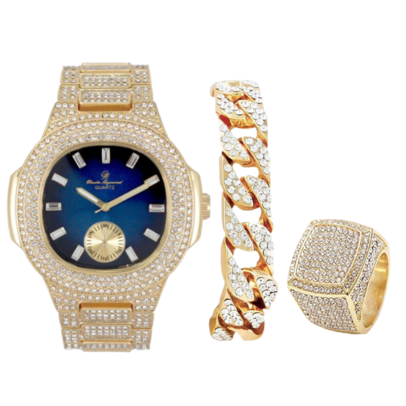 Charles Raymond Bling-ed Out Oblong Case Mens PP Look Watch with Matching Bling-ed Out Cuban Bracelet and King Ring Set - (10, ST10235 VO GLD BLUE)