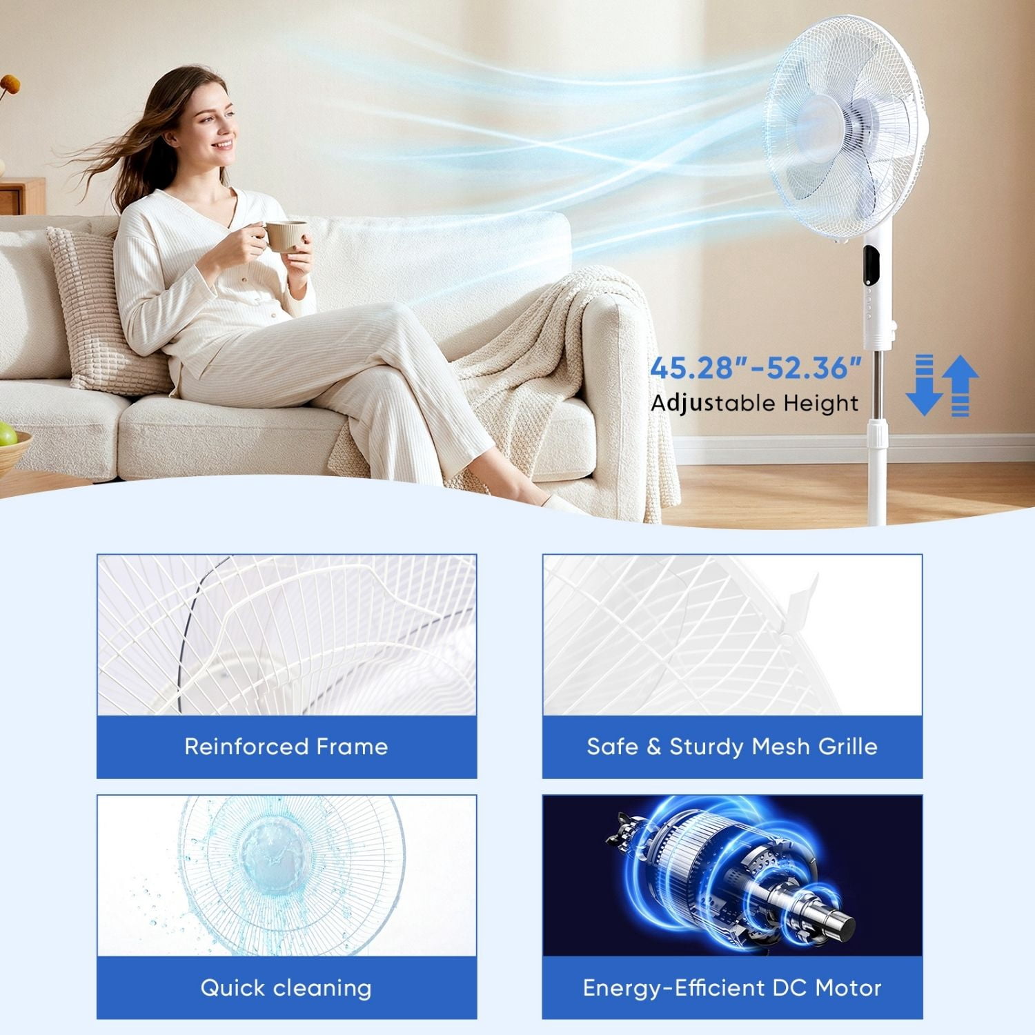 Oscillating Pedestal Stand Fan with Remote, 3 Speed Powerful Airflow Adjustable Height, 3 Speed & 3 Wind Modes,80°Angle Floor Cooling Fan for Bedroom Office, White