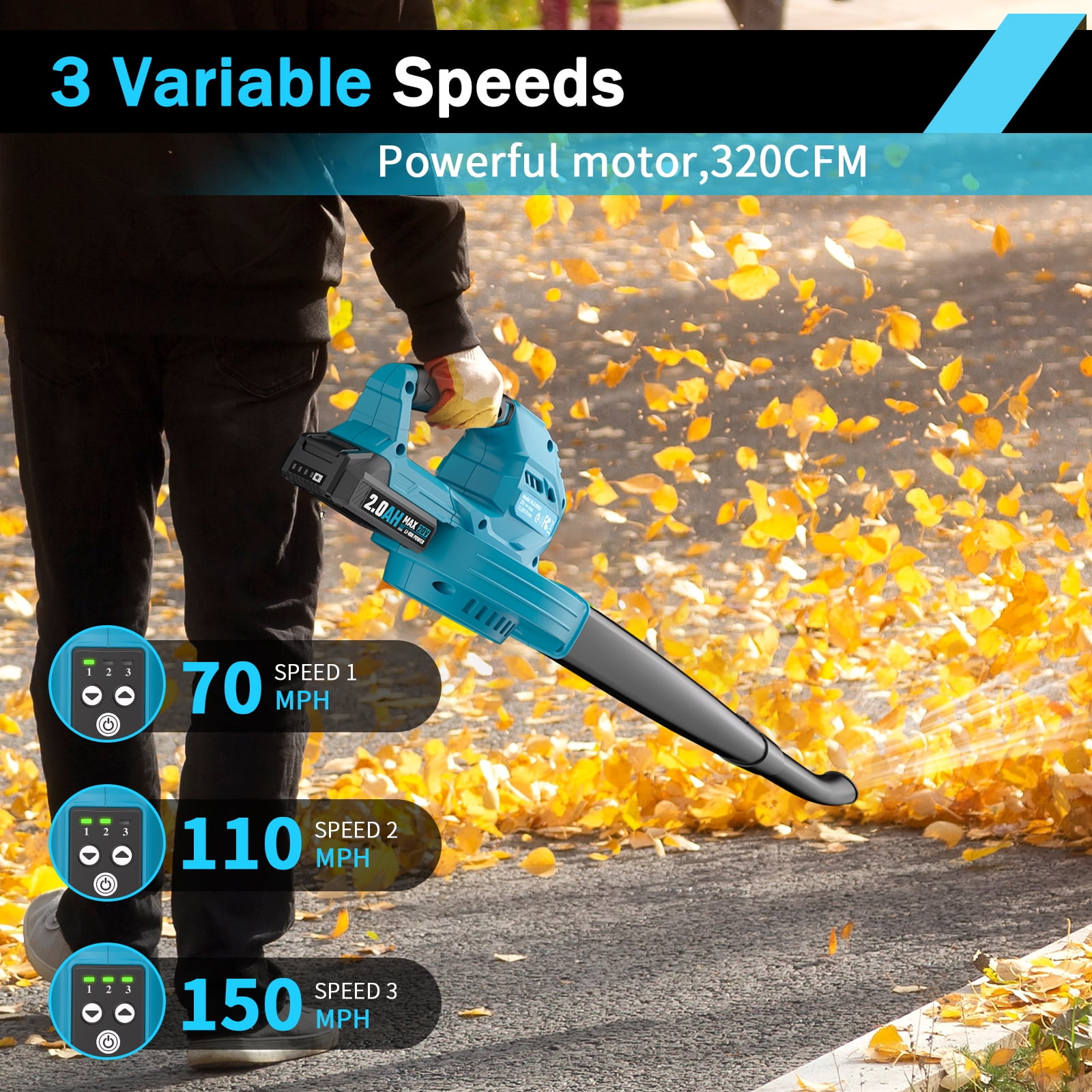 Cordless Leaf Blower - 20V Electric Leaf Blower with 2 X 2.0Ah Batteries and Charger, 3 Speed Mode, Lightweight Battery Powered Leaf Blowers for Lawn Care, Blowing Leaves and Dust, etc.