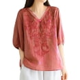 thumbnail image 2 of Ladies Tops and Blouses Women's Embroidered Top Cotton Linen Puff Short Sleeve Crewneck Boho Blouse Casual Button Down T Shirts Long Sleeve T shirt Women, 2 of 4