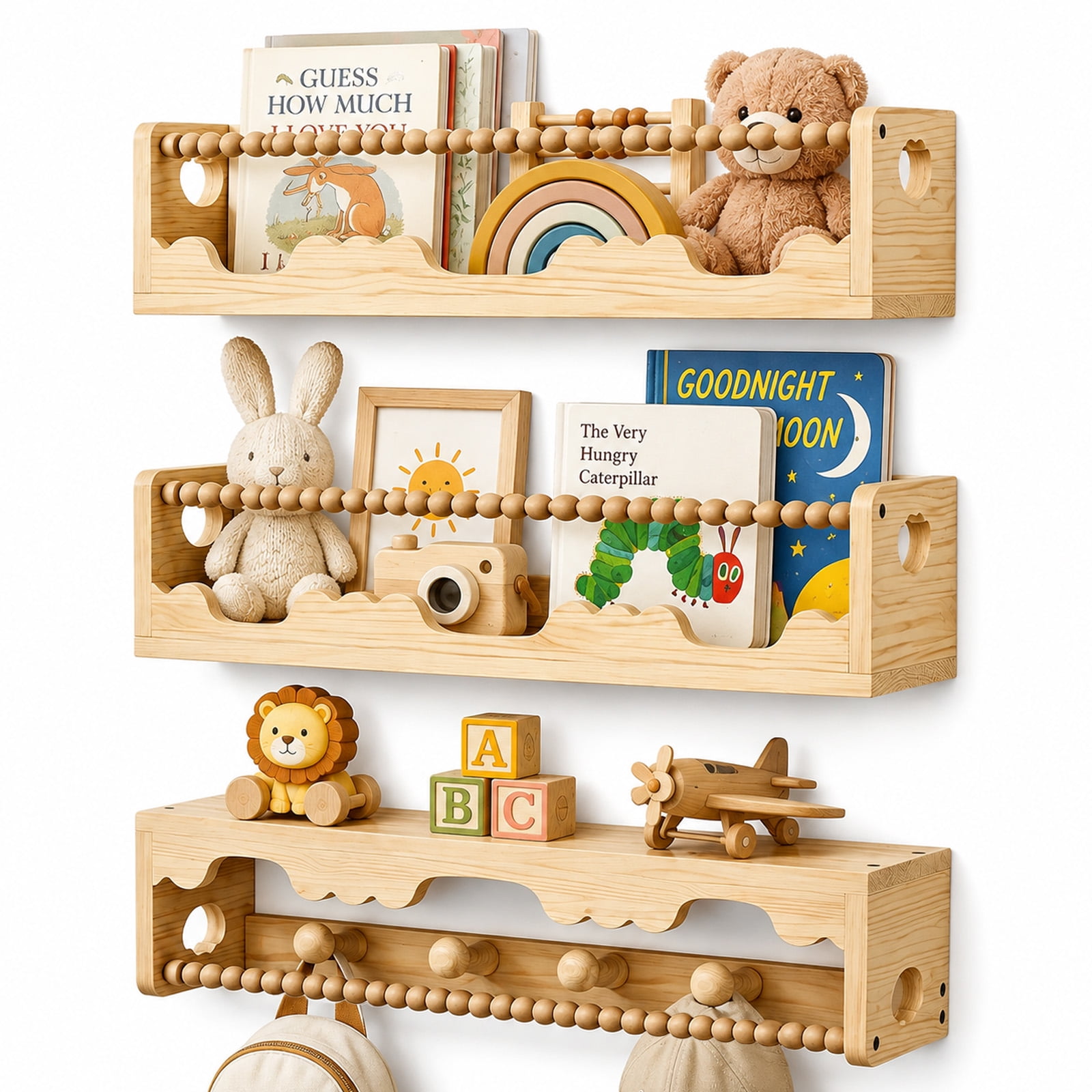 iFaveorr Nursery Floating Shelves for Wall Set of 3, Natural Wood Kids Bookshelf with Hooks and Hanging Rod, 16 in
