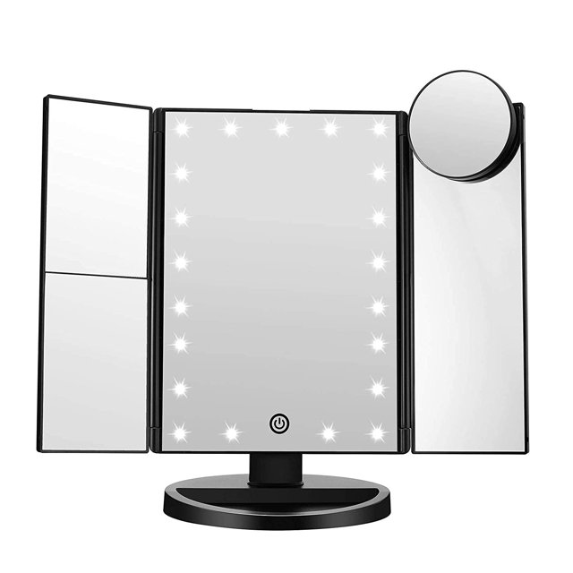 Trifold Led Lighted Makeup Mirror, 2X/3X/ Magnification Vanity Mirror with LED Lights, 360° Rotation Touch Screen Cosmetic Mirrors and Dual Power Supply-Black