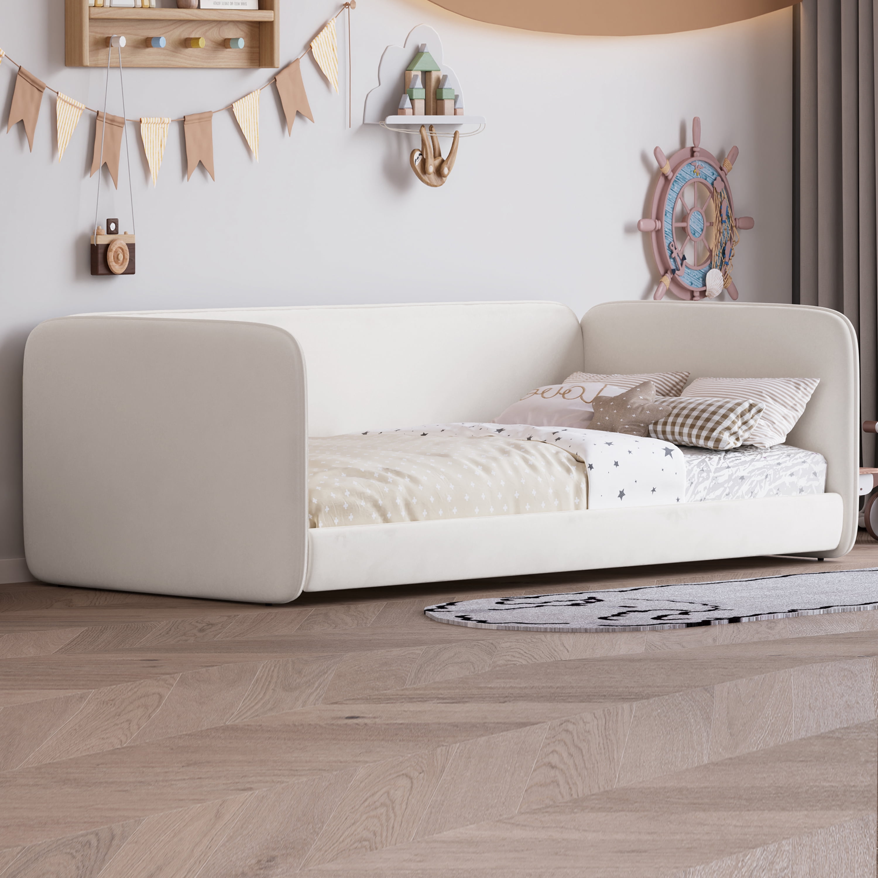 Mintazer Twin Size Beige Montessori Floor Bed with Velvet Upholstered Sides for Kids Toddler, Beige
