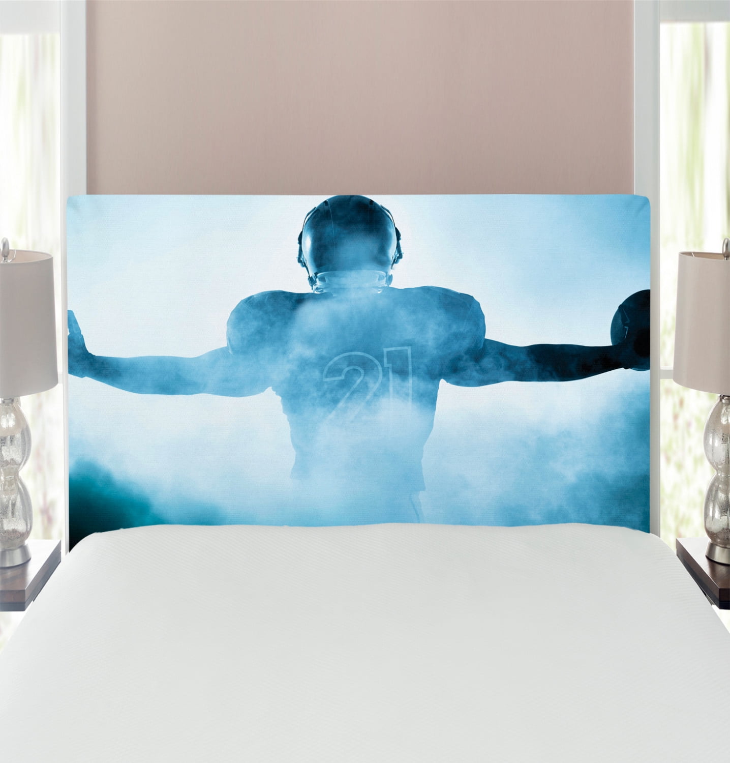 Sport Headboard, Heroic Shaped Rugby Player Silhouette Shadow Standing in Fog Playground Global