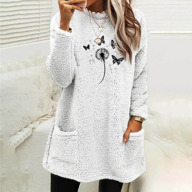 HongQid Fleece Sweatshirt for Women Winter Warm Sherpa Tunic Thermal Fleece Crew Neck Long Sleeve Pullover Loungewear with Pockets