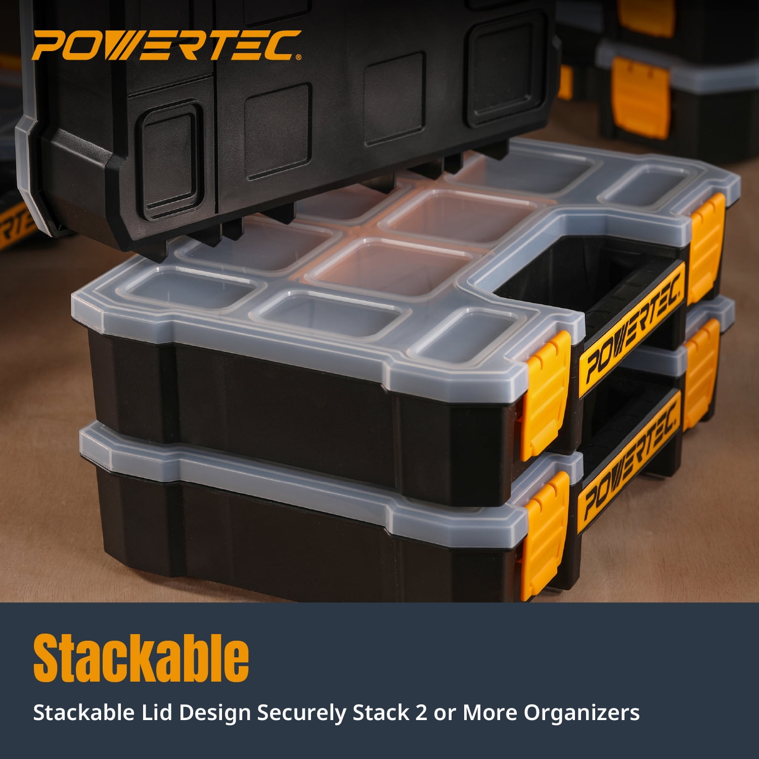 POWERTEC Small Parts Organizer & Tool Box – 10 Compartments, Stackable Storage with Removable Dividers, Clear Lid, Portable Design (72117N)