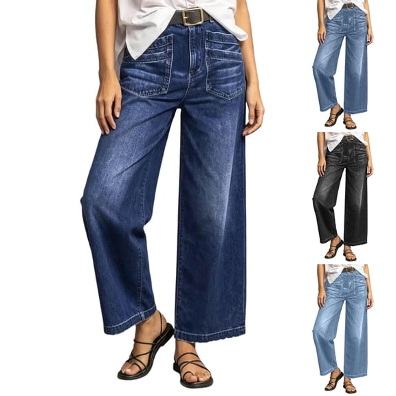 Zulora Women's High Waisted Wide Leg Jeans Solid Color Washed Denim Pants Front Detail Casual Loose Fit Trousers