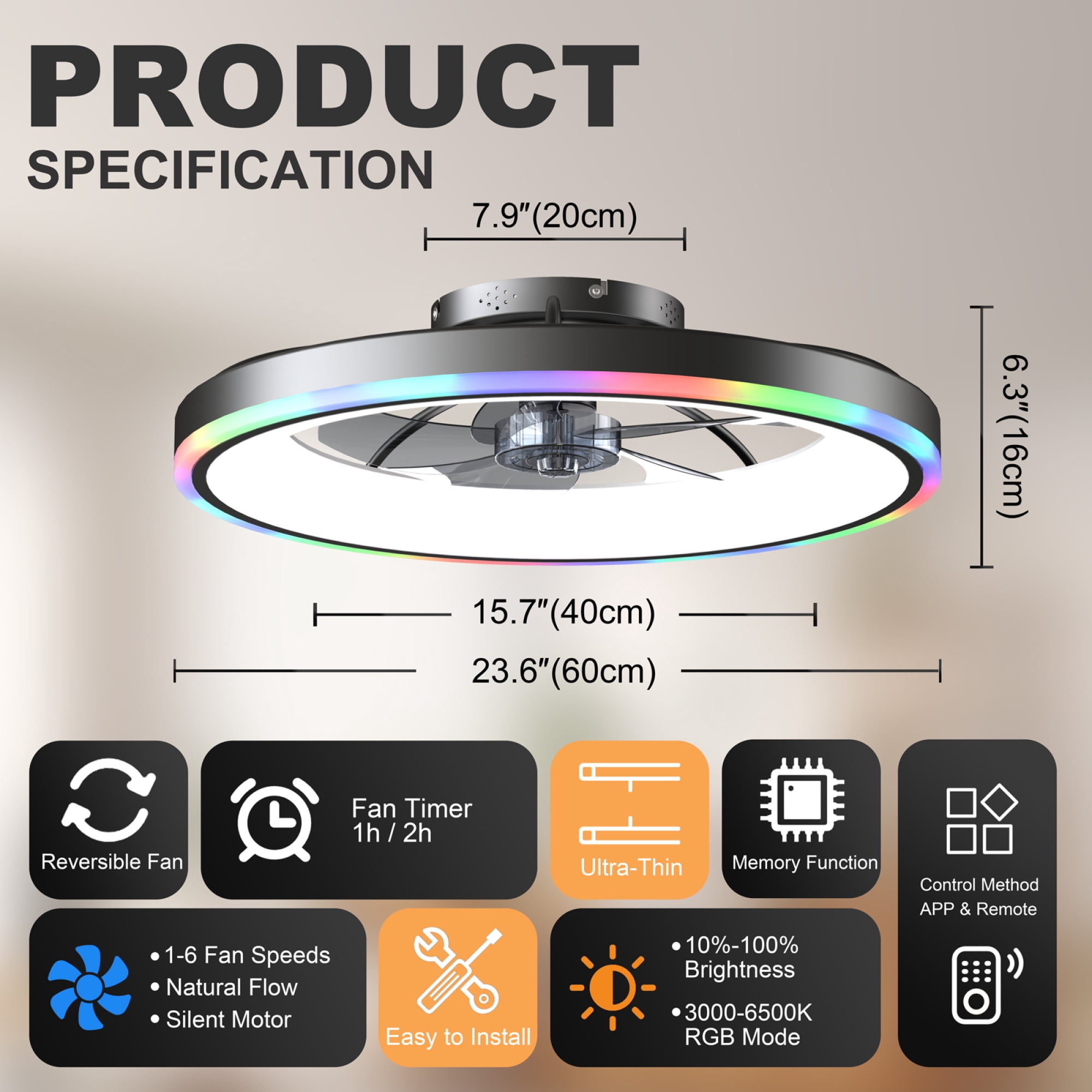 Leumius 23.6" Modern RGB Ceiling Fan with Lights, Flush Mount Low Profile Fan with Remote & APP, 6-Speed Reversible Silent DC Motor, Dimmable 3000-6500K LED for Bedroom Living Room Black