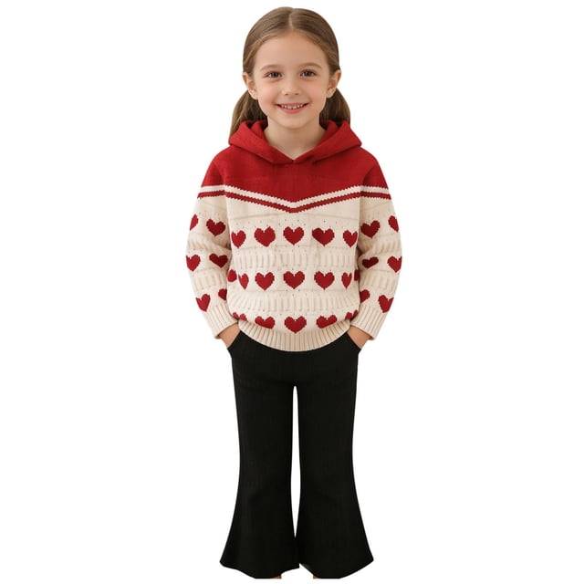 RXMEKW Knitted Sweater Set With Hood And Flared Pants For Girls In Black-White Cream Red-Black