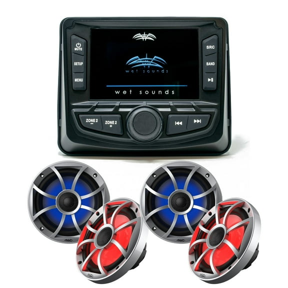 Wet Sounds WS-MC-2 Marine Radio with 2 Pairs Wet Sounds OEM Replacement 65ic-S RGB Led XS-Series Silver Cone 6.5" Coaxial Speakers Pair