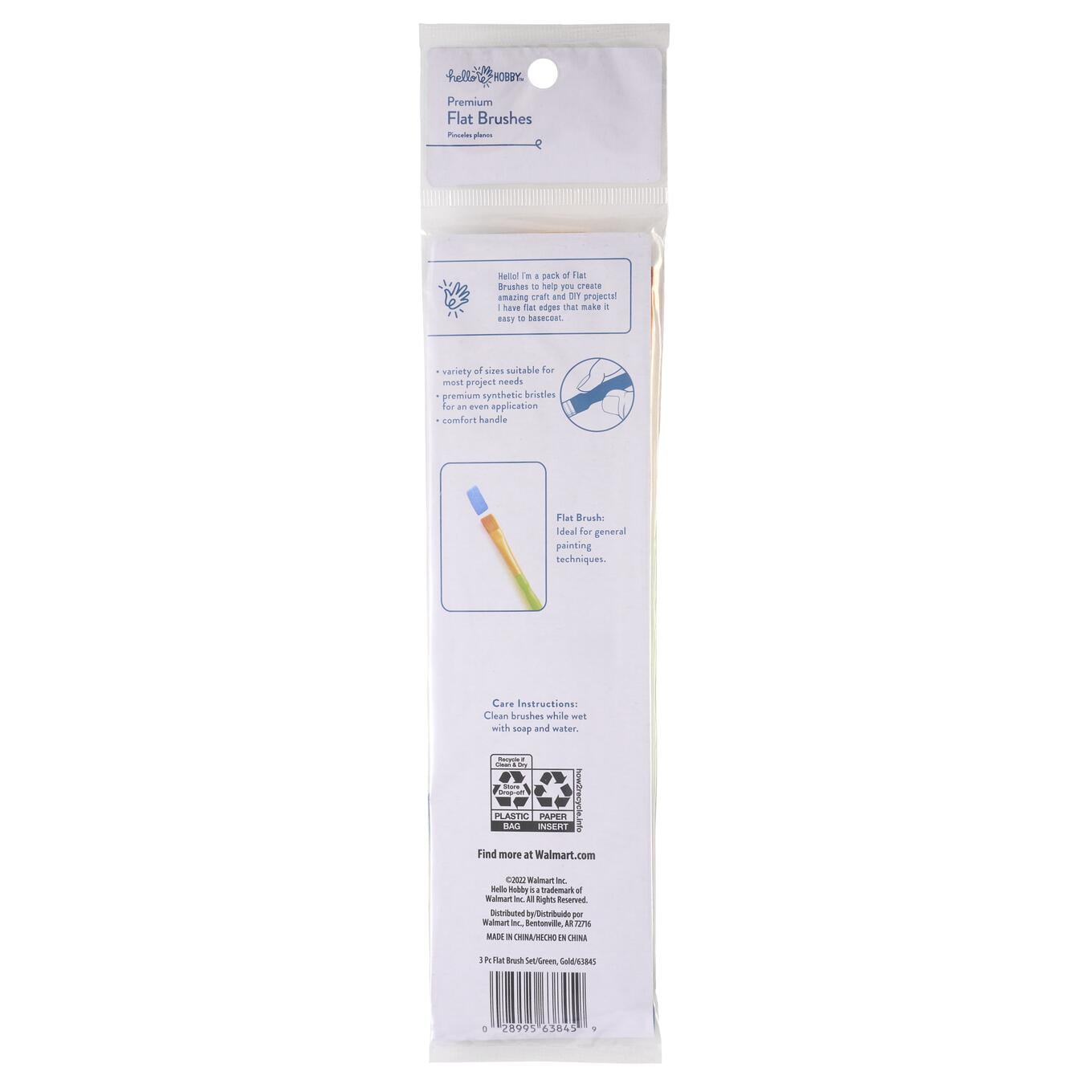 Hello Hobby 3 Piece Flat Synthetic Paint Brush Set with Comfort Grip