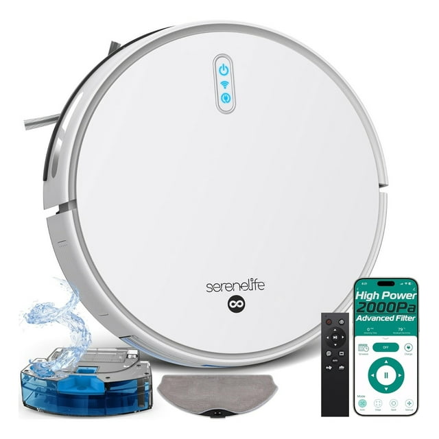 Robot Aspiradora y Trapeador Inteligente SereneLife, Control por App, Sensores Anticaída, Autocargable, 4 Modos de Limpieza, Succión de 2000Pa, Ideal para Pelo de Mascotas, Alfombras y Pisos Duros