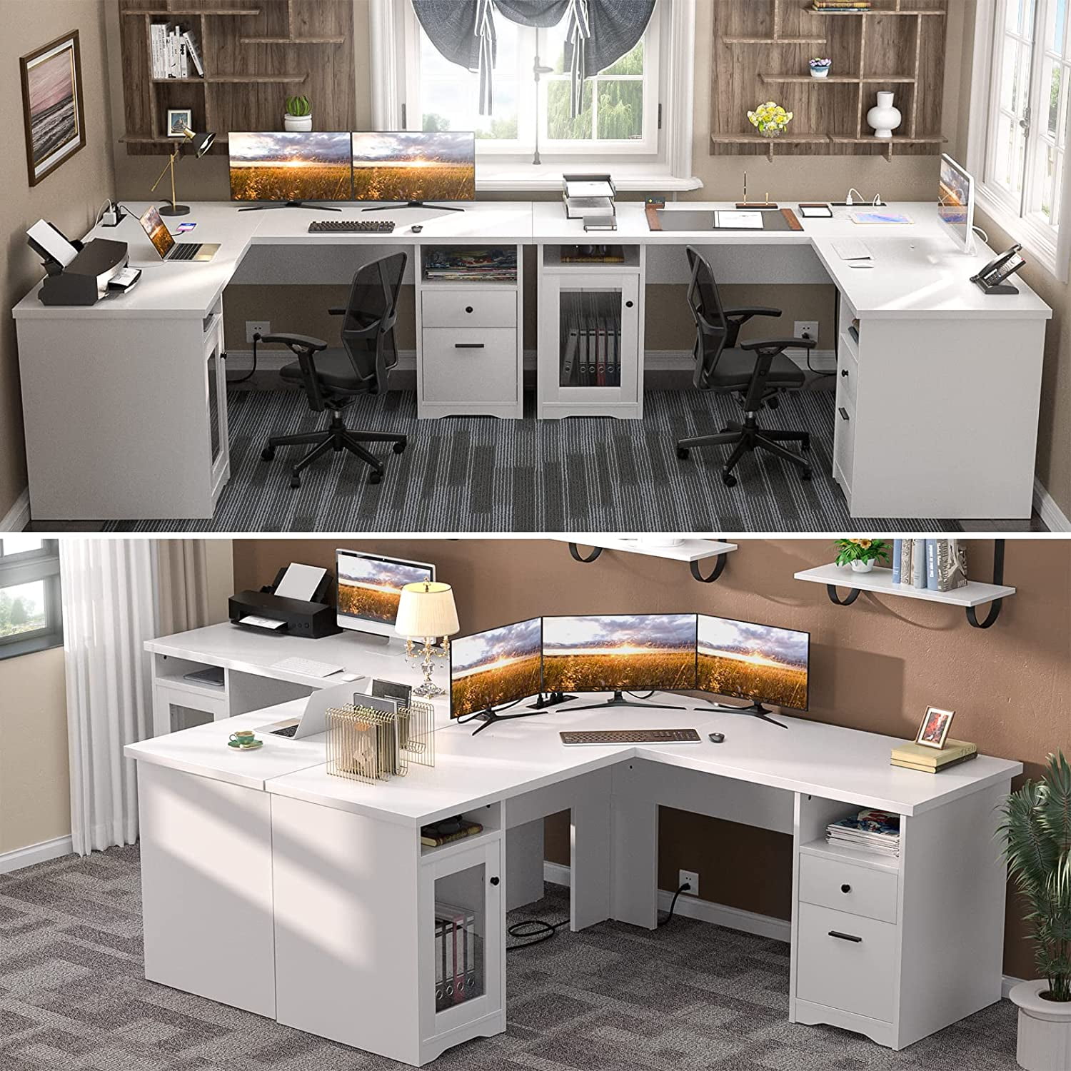 Homieasy L Shaped Desk with Power Outlet and USB Ports, 60 Inch Corner Computer Desk with Drawers and Storage Shelves, Large 2 Person Study Table L-Shaped Office Desk with File Cabinets, White