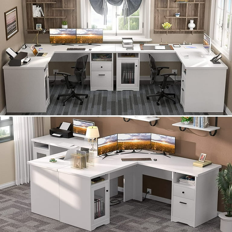 Naomi Home L Shaped Desk with Drawers, 60 Inch Corner Computer Desks, Large  L-Shaped Office Table with Open Shelves, 2 Person Home Office Desk with