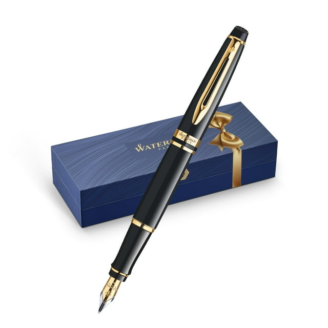 Pluma estilográfica Waterman Expert negra brillante con borde dorado de 23 quilates
