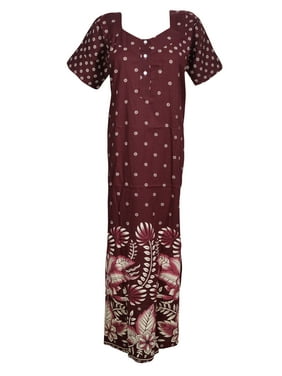 Mogul Women's Maroon Nightwear Caftan Dress Button Front Comfy Maxi House Dress Sleepwear Kaftan L