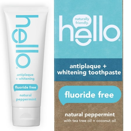 Hello Antiplaque + Whitening Vegan Fluoride Free Toothpaste  Natural Peppermint  Tea Tree + Coconut Oil  4.7oz