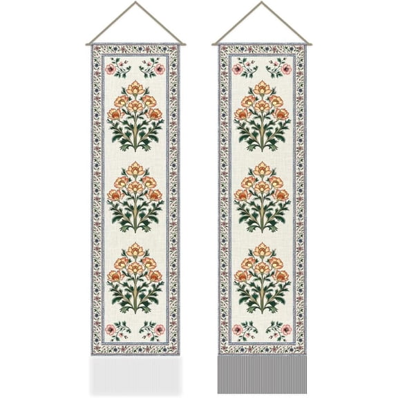 Pack of 2 Vintage Flower Tapestries Elegant Floral Pattern Vertical Long Aesthetic Tapestry Doorway Curtain Tassel Wall Hanging for Bedroom Living Room 13 x 51 Inch