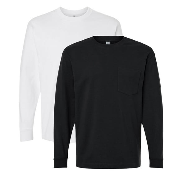 American Apparel Unisex Heavyweight Long Sleeve Pocket Tee 80/20 Ring-Spun Cotton/Polyester Casual T-Shirt (Black White 2 Pack, M)