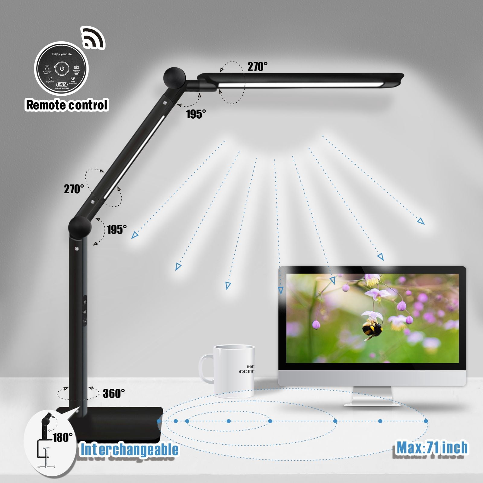 LED Desk Table Lamp with Clamp + Stand Base Interchangeable Swing Arm Eye Care