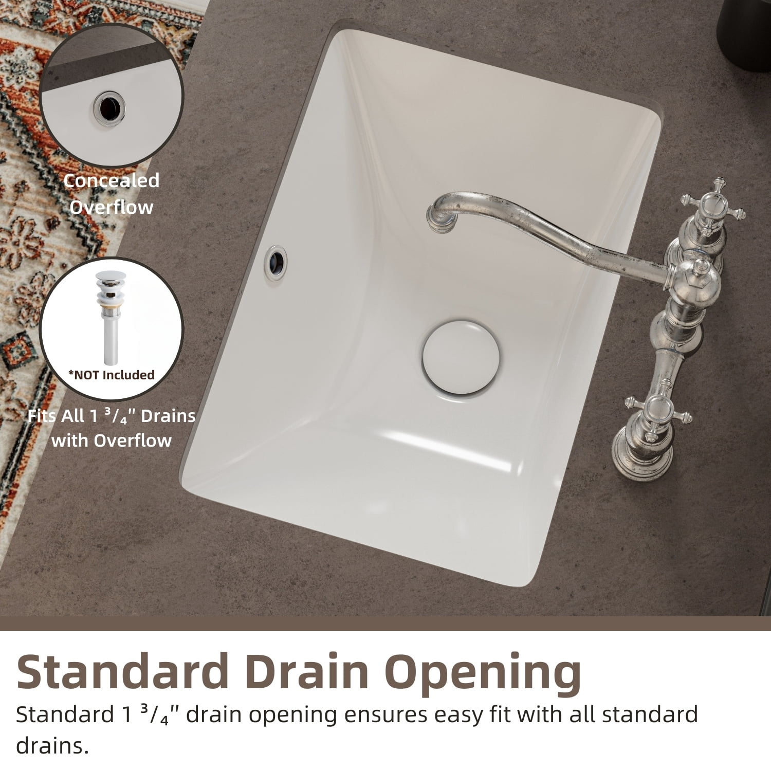 Los Flexi 18″ x 13″ Undermount Bathroom Sink Rectangle, White Ceramic Undermount Lavatory Sink with Overflow