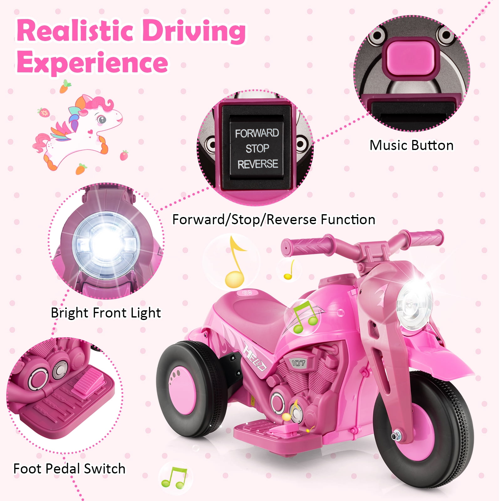 Costway 6V Kids Bubble Car Electric Ride on Motorcycle with Music Button & LED Headlight Pink