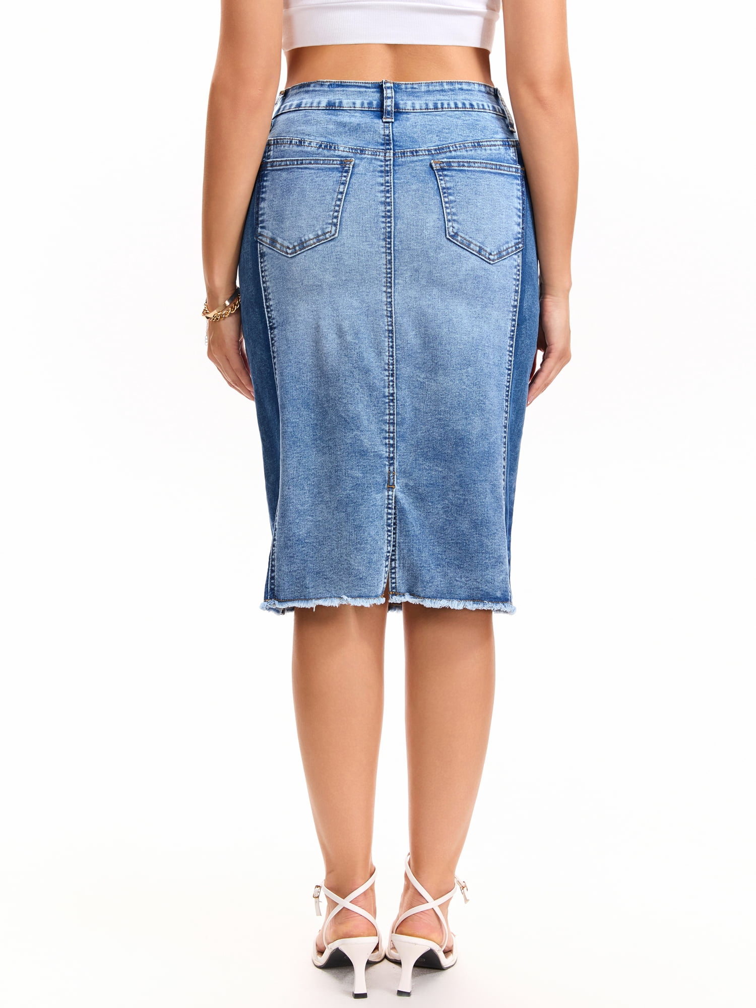 DARING DIVA Women's Jean Color Block Patchwork Slit Back Denim Skirt L Blue