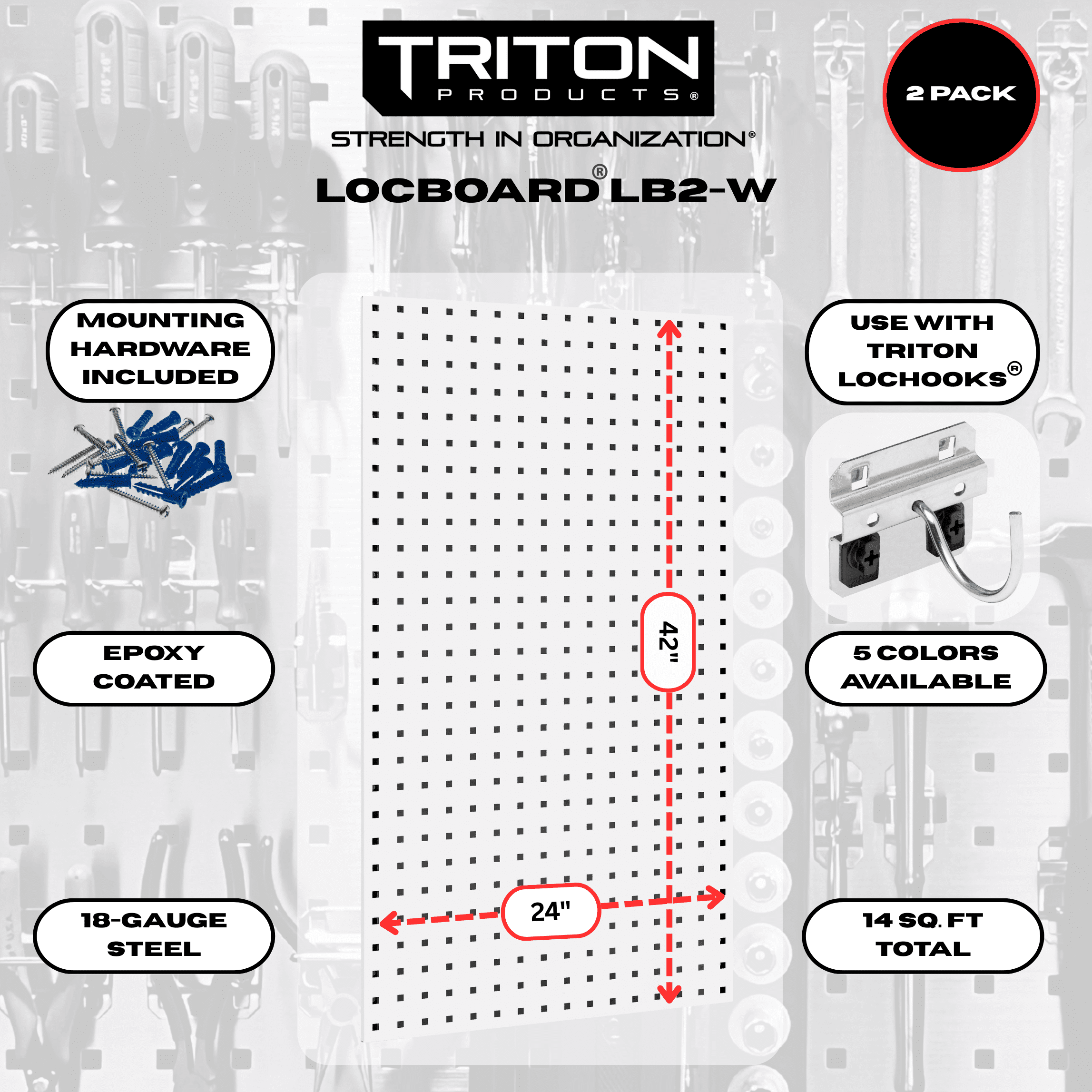 Triton Products LB2-W (2) White Epoxy 18-Gauge Steel Square Hole Pegboards with mounting hardware