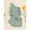 thumbnail image 5 of Douhoow Toddler Girls Summer Outfits Solid Color Oblique Shoulder Drawstring Ribbed Tank Tops Shorts Kid 2Pcs Set, 5 of 9