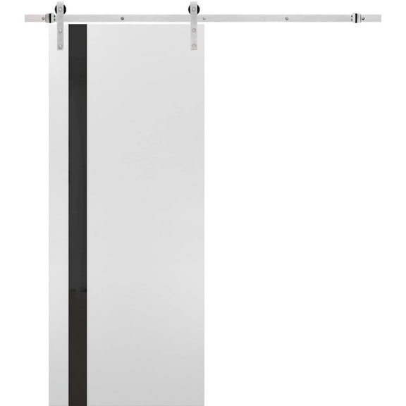 Sturdy Barn Door | Planum 0040 White Silk with Black Glass | 6.6FT Rail Hangers Heavy Hardware Set | Solid Panel Interior Doors-36" x 96"-Silver Rail