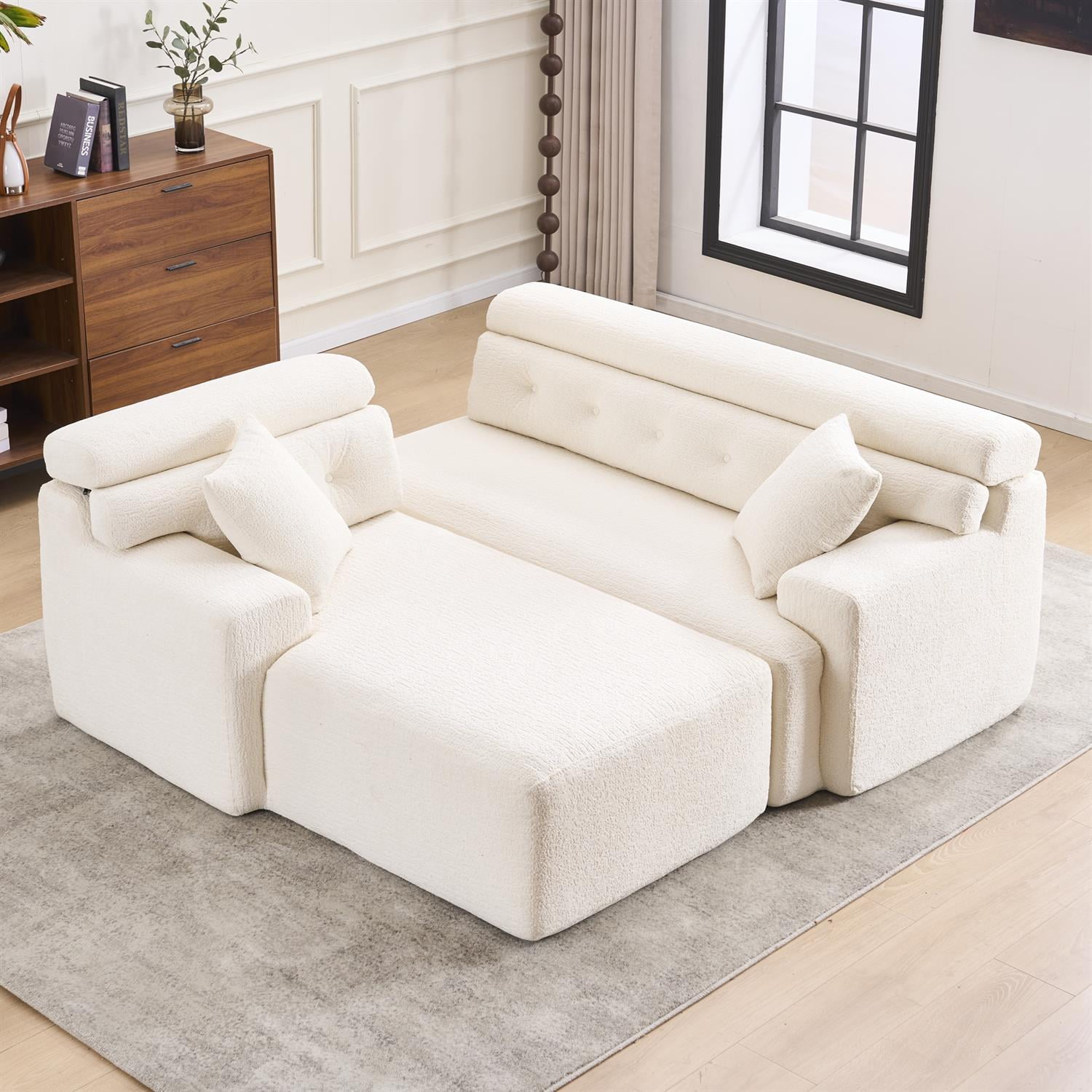 Demi Bonn 105" Modern L-Shaped Sectional Sofa, 3-Seater Couch with Chaise Lounge, 2 Accent Pillows, Wood Grain Chenille Fabric for Living Rooms, White