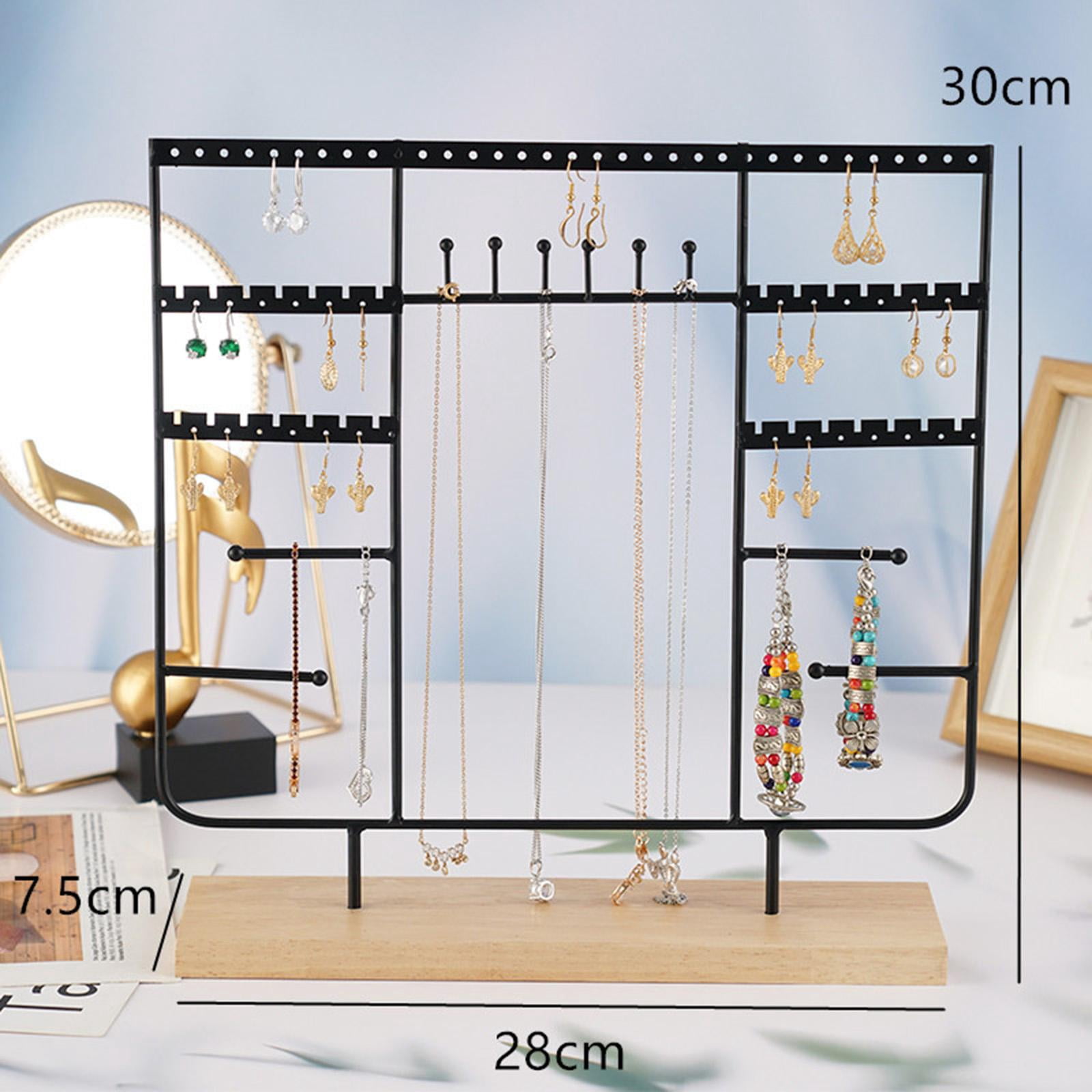 Jewelry Organizer Holes with Wood Base Multi Tiers Metal Hanging Holder Jewelry Tree for Earrings Necklace Girls Gift Women