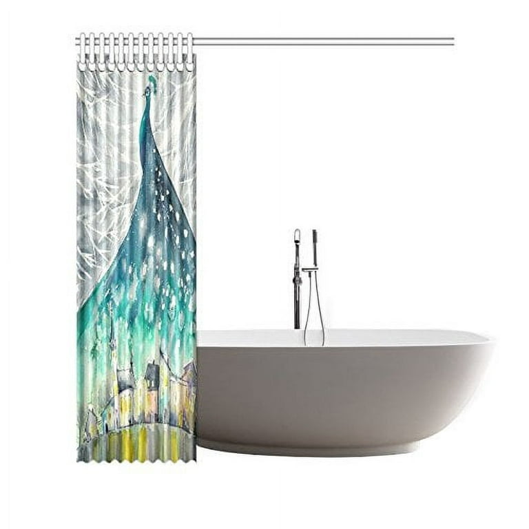 WOPOP Watercolor Peacock Feather Shower Curtain Hooks 66x72 inches Blue  Green Turquoise Fabric Peacock in Christmas Winter Night Snow Sky Castles 