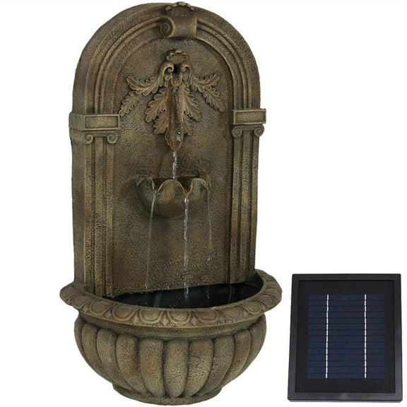 Sunnydaze Florence Polystone Outdoor Solar Wall Fountain with Battery, Florentine Finish