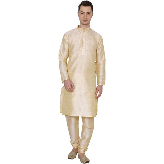 Royal Kurta Men's Silk Blend Solid Kurta Pyjama Gold