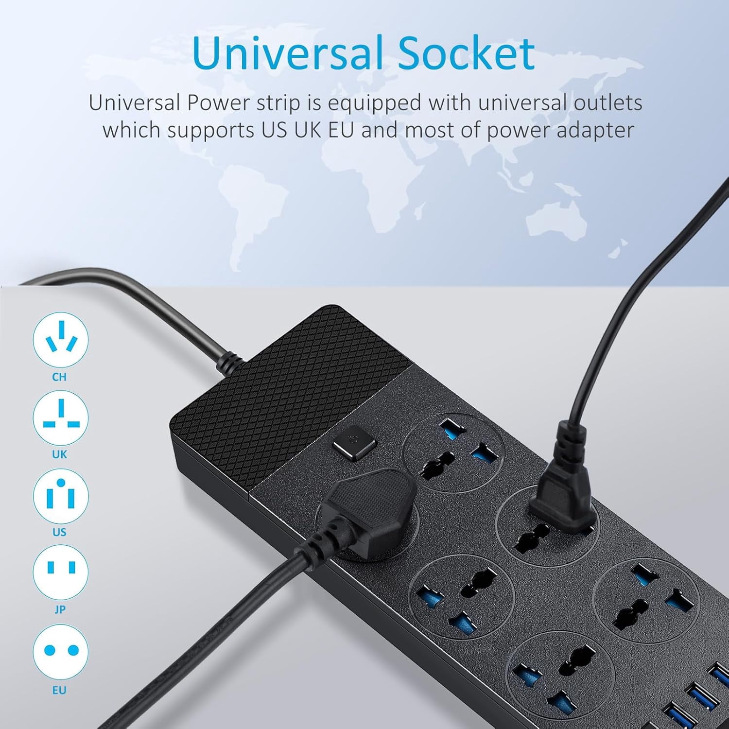 Universal Power Adapter, 3000w trip with 4 USB Ports (1 USB C), 6ft Extension Cord with International Outlets, 110-240v, European Travel Plug Adapter for Home Office Travel, Black