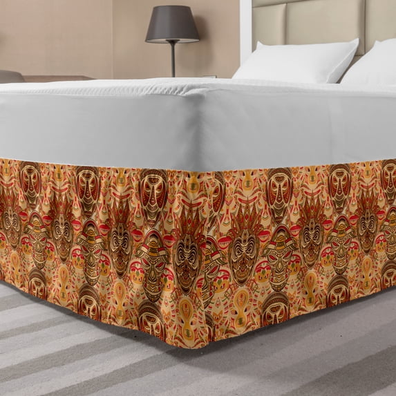 African Bed Skirt, Mask Motif with Pattern Design, Elastic Bedskirt Dust Ruffle Wrap Around for Bedding Decor, 4 Sizes, Sand Brown Orange, by Ambesonne