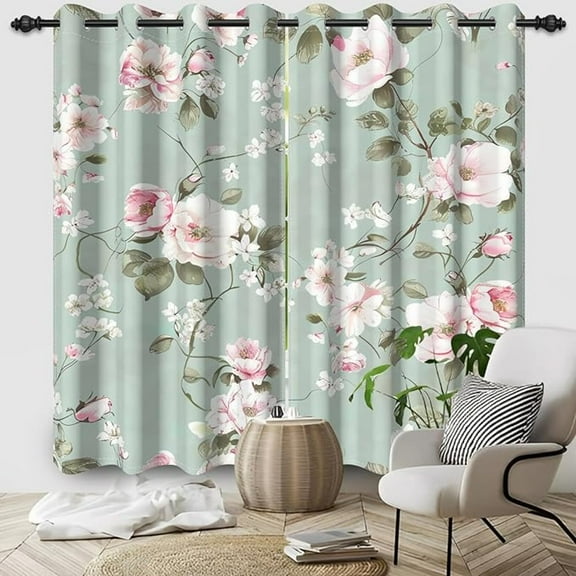 Rustic Pink Floral Blackout Curtains Spring Flower Botanical Green Leaves Room Darkening Curtains Thermal Insulated Window Treatments For Bedroom Living Room Kitchen Decor 26"W x 63"L (Pack of 2)