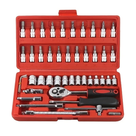46 Pcs 1/4” Drive Socket Ratchet Wrench Set with Storage Case Professional Tool Set with Bit Socket Set Metric and Extension Bar, Fits Car Repairing and Household ﻿