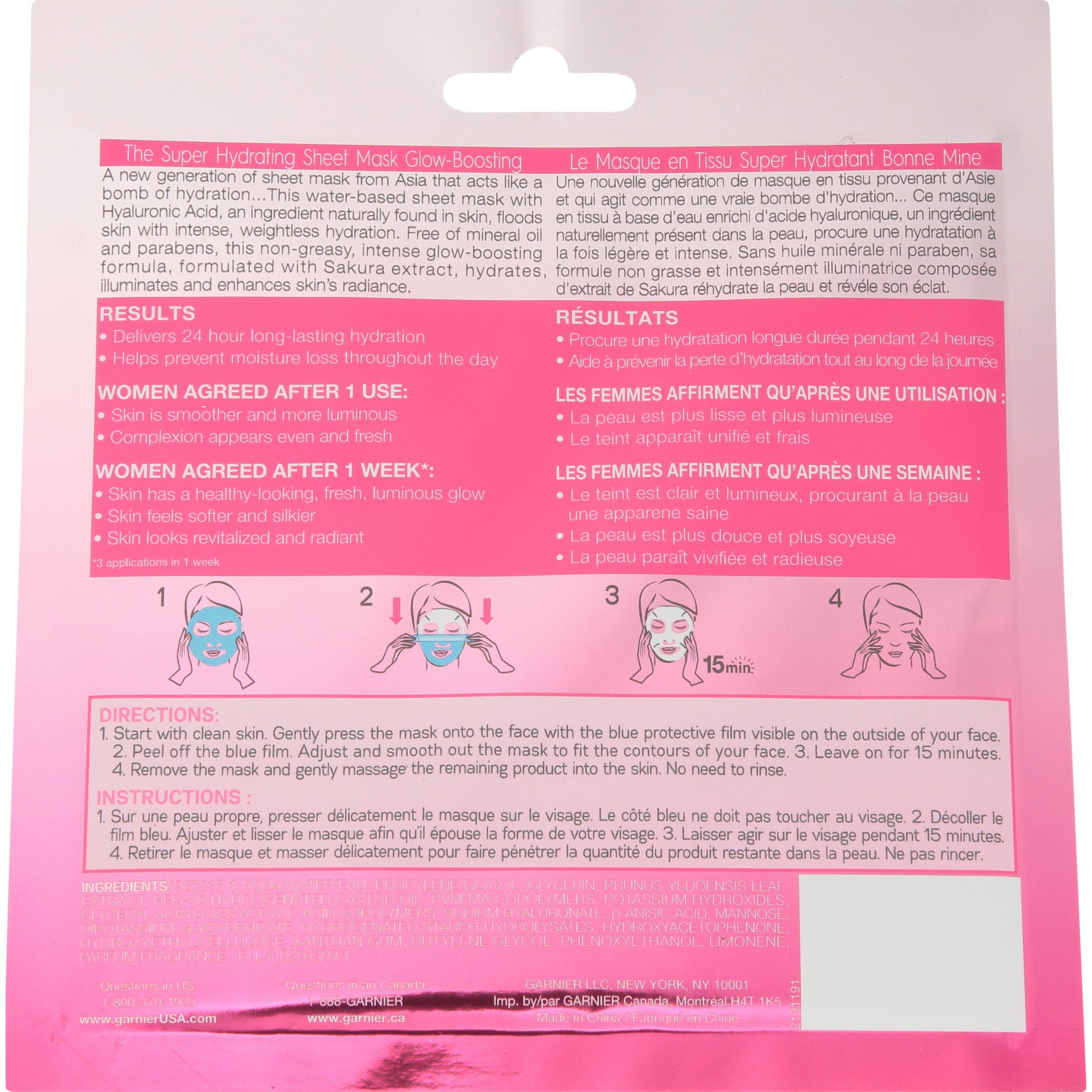 Garnier SkinActive Super Hydrating Sheet Mask, Glow-Boosting, 1.08 fl. oz.