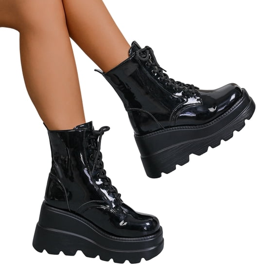 SACFOF Women's Goth Platform Ankle Boots Buckles Chunky Block Wedge Side Zipper Heels Round Toe Punk Motorcycle Comfy Short Gothic Booties High Heel Lace Up Studded Stacked