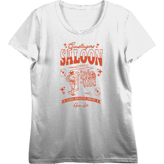 Cowboy Gunslinger Saloon Women's Vivid White Crew Neck Short Sleeve Top-Medium