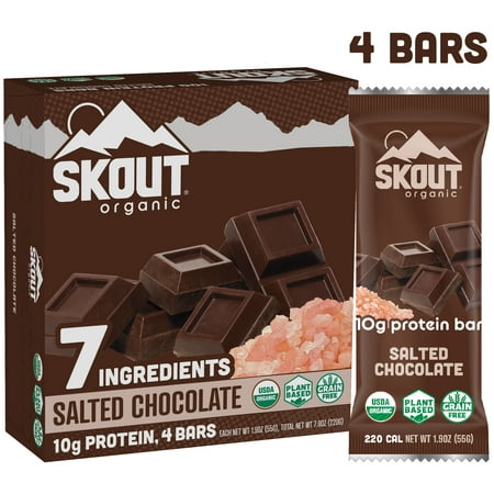 Skout Organic Protein Bars, Salted Chocolate, 4 Bars, 10g Protein, 1.9 Oz each