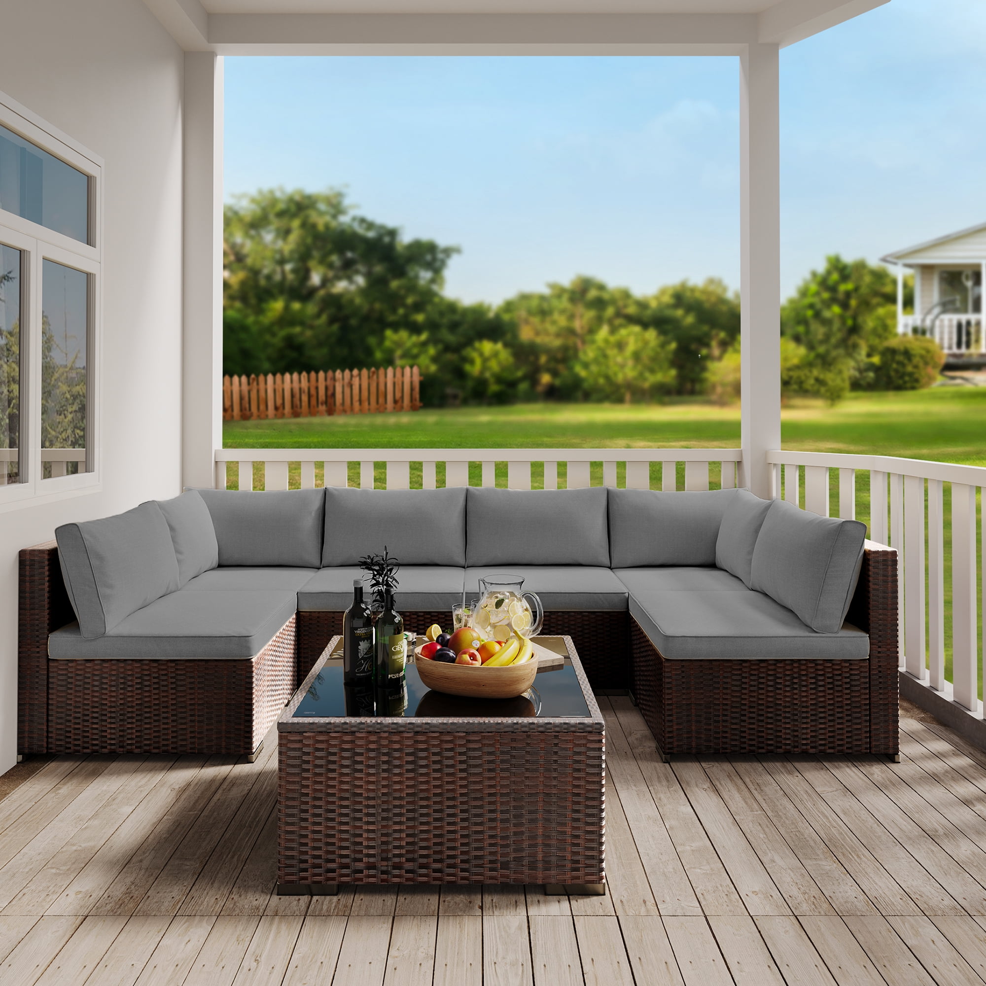 All-Weather 7 Piece Patio Furniture Set, Rattan Wicker Outdoor Conversation Sectional Sofa Set with Glass Table, Gray