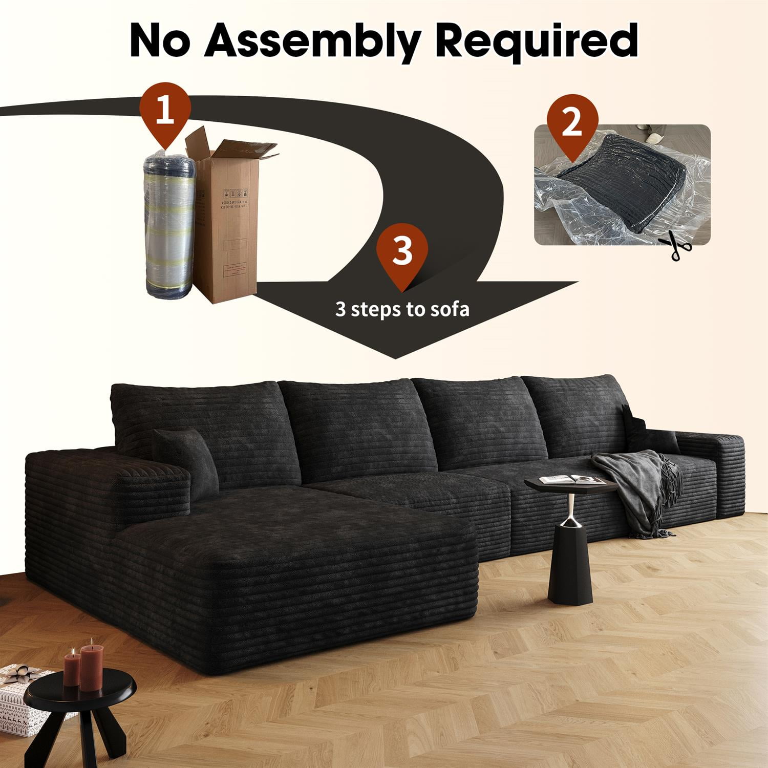 Demi Bonn 135" Modern L-Shape Cloud Sectional Couch with Chaise, Deep Seat, Cozy Upholstered Sofa for Living Room & Bedroom, No Assembly, Black