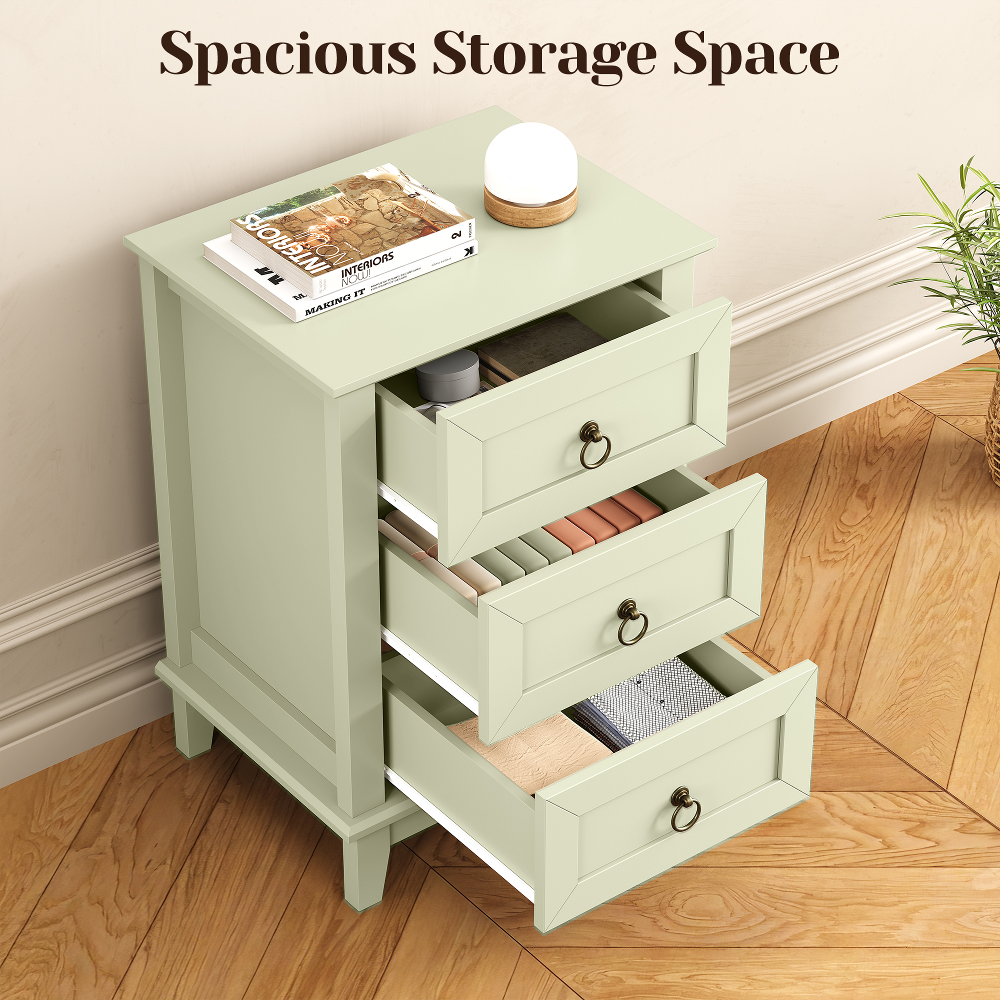 CozyHome Beige Nightstand Set of 2: Slim 3-Drawer Tall Wood Dressers, Space-Saving Bedside Tables for Small Rooms, Bedroom, or Dorm