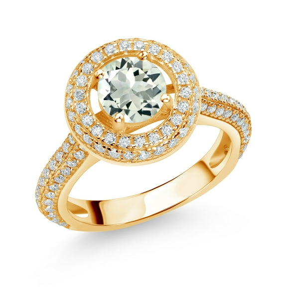 Gem Stone King 18K Yellow Gold Plated Silver Engagement Ring for Women Set with Prasiolite and Moissanite (1.41 Cttw)
