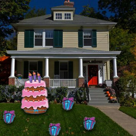 Birthday Yard Cards - Large Birthday Cake and Presents Yard Decoration -9 stakes and easel